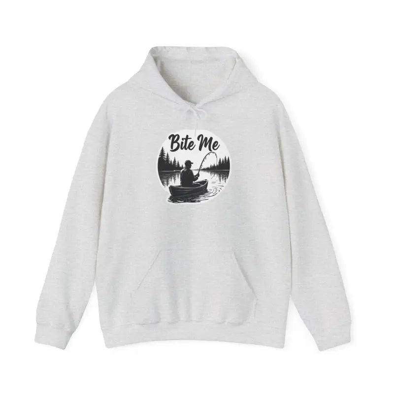 White hoodie featuring a fishing graphic from the Fishing Bite Me Unisex Heavy Blend Hoodie