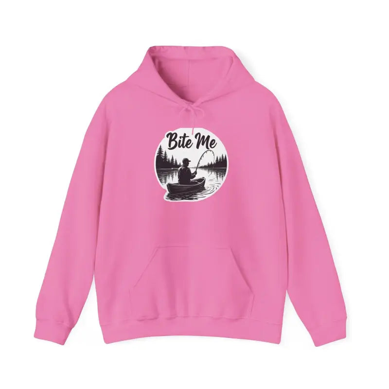 Pink Fishing Bite Me Unisex Heavy Blend Hoodie featuring a unique fishing graphic