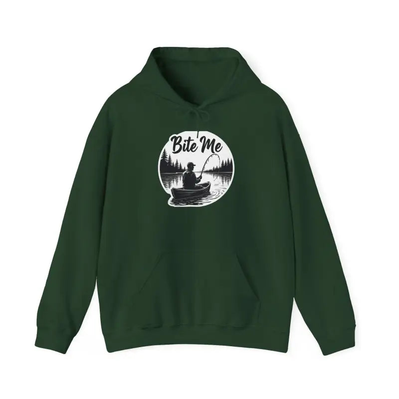 Green Fishing Bite Me Unisex Heavy Blend Hoodie featuring a vibrant fishing graphic