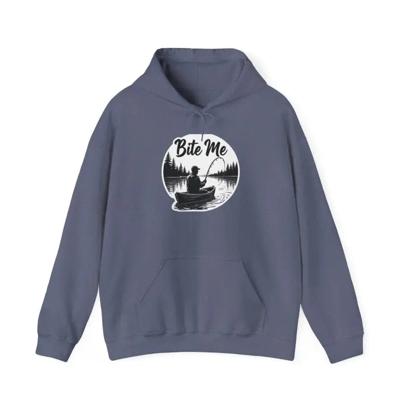 Blue hoodie featuring a fishing graphic from the Fishing Bite Me Unisex Heavy Blend Hoodie