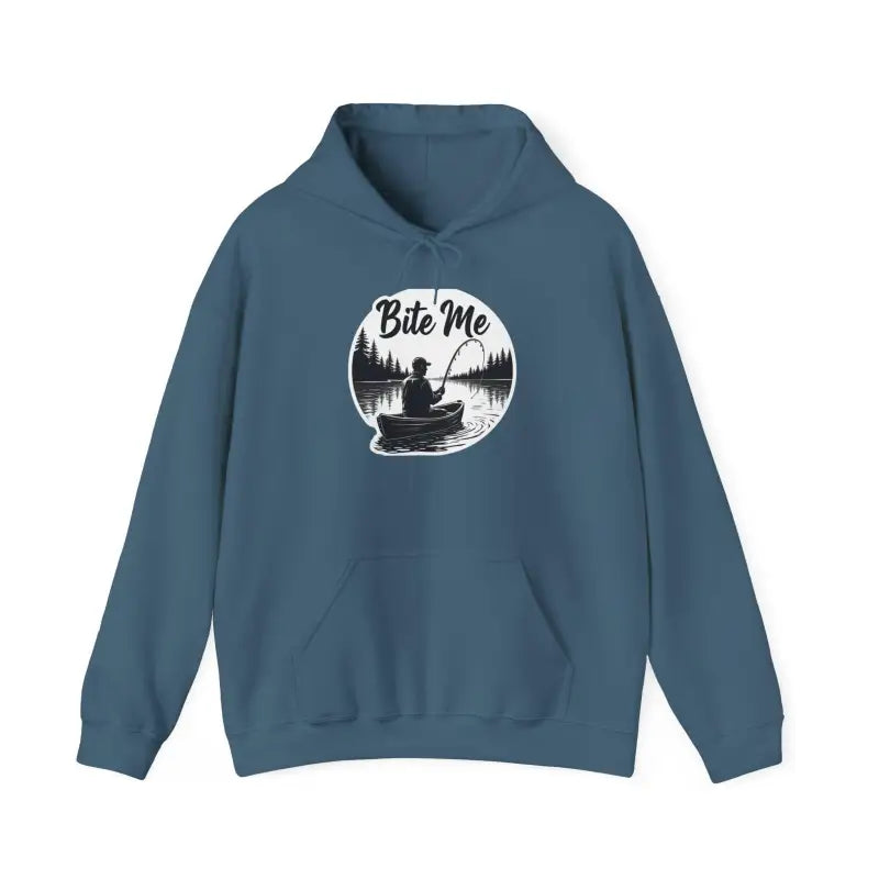 Blue hoodie featuring a fishing graphic from the Fishing Bite Me Unisex Heavy Blend Hoodie