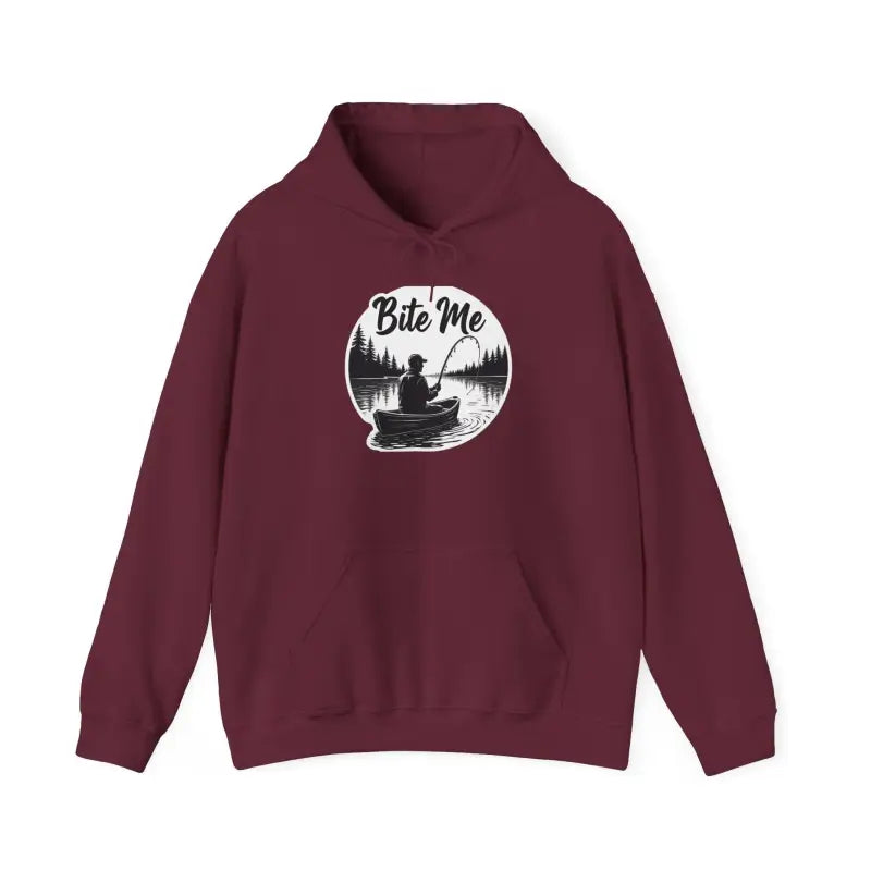 Maroon Fishing Bite Me Unisex Heavy Blend Hoodie featuring a fishing graphic