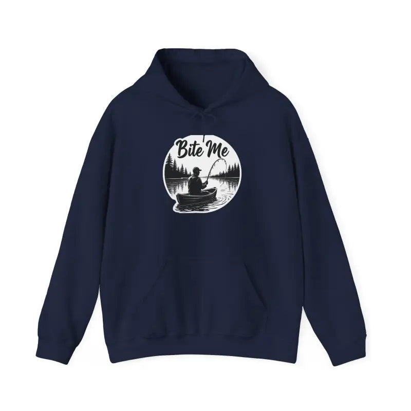 Navy blue Fishing Bite Me Unisex Heavy Blend Hoodie displayed on a neutral background