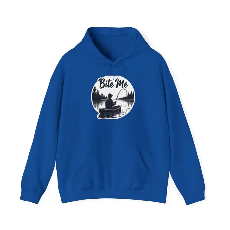 Blue hoodie featuring a Fishing Bite Me graphic for unisex wear