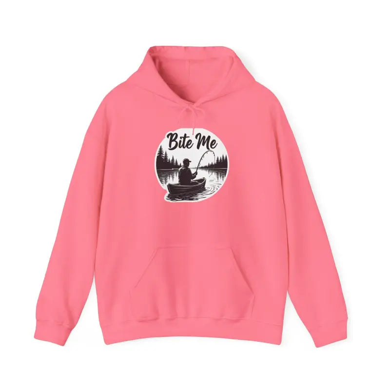 Pink Fishing Bite Me Unisex Heavy Blend Hoodie featuring a unique fishing graphic