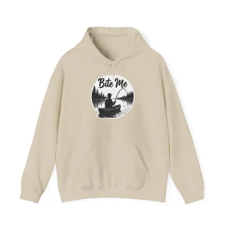 Beige Fishing Bite Me Unisex Heavy Blend Hoodie featuring a fishing graphic design