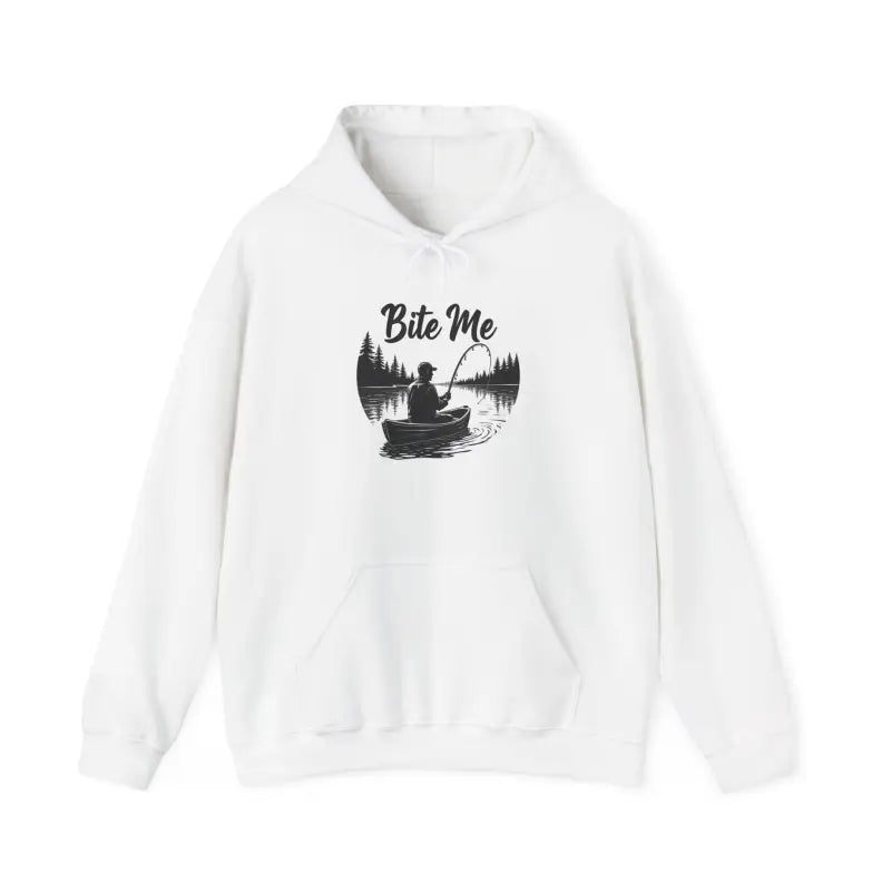 White hoodie featuring a fishing graphic from the Fishing Bite Me Unisex Heavy Blend Hoodie