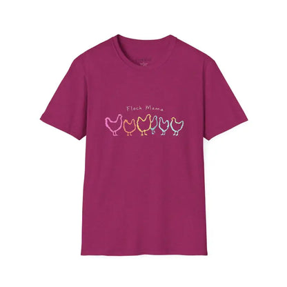 Magenta Flock Mama Unisex Softstyle T-Shirt featuring a chicken graphic for bird lovers