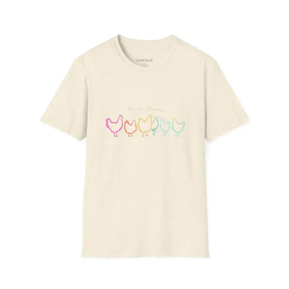 Beige Flock Mama Unisex Softstyle T-Shirt featuring a colorful chicken design