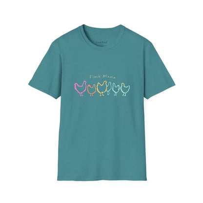 Teal Flock Mama Unisex Softstyle T-Shirt featuring colorful chicken graphic for bird lovers