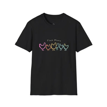 Black Flock Mama Unisex Softstyle T-Shirt featuring a colorful chicken graphic for bird lovers