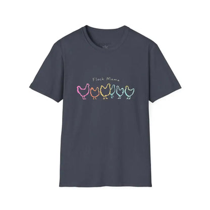 Gray t-shirt featuring a vibrant chicken graphic for bird enthusiasts, Flock Mama design