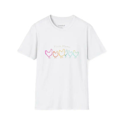 White t-shirt featuring colorful chicken design for bird lovers, Flock Mama product