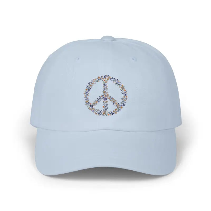 Light blue baseball cap featuring a floral peace sign design from Floral Peace Sign Baseball Caps collection