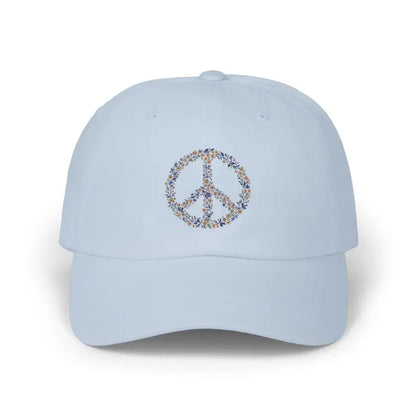 Light blue baseball cap featuring a floral peace sign design from Floral Peace Sign Baseball Caps collection