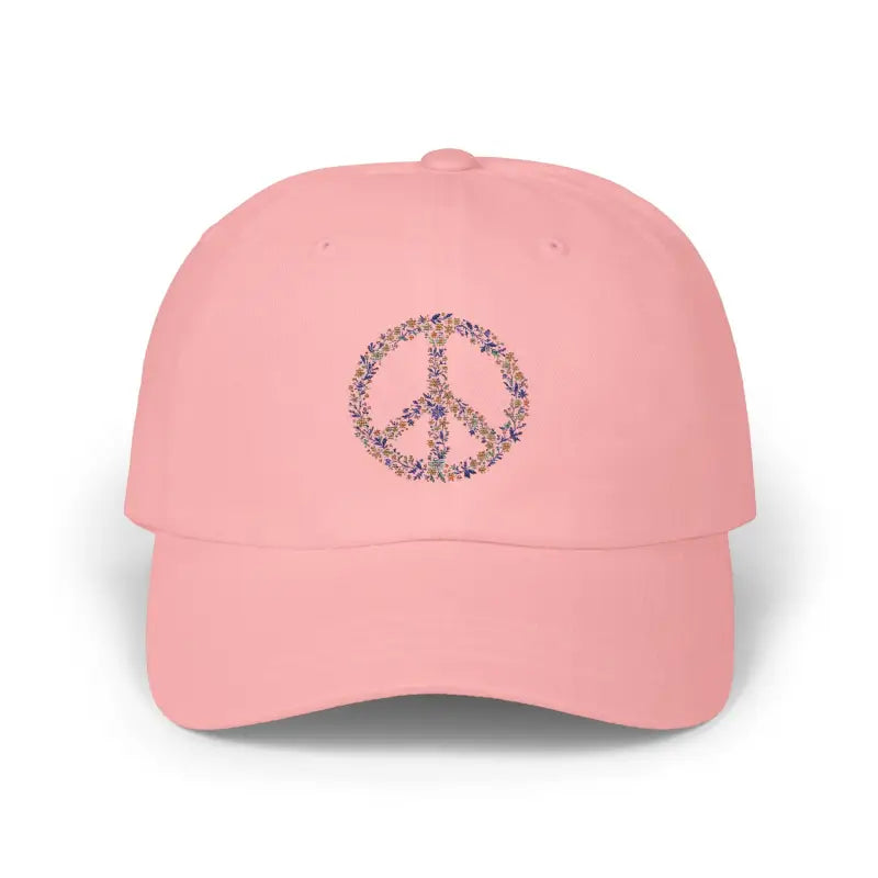 Pink baseball cap featuring floral peace sign design from Floral Peace Sign Baseball Caps collection