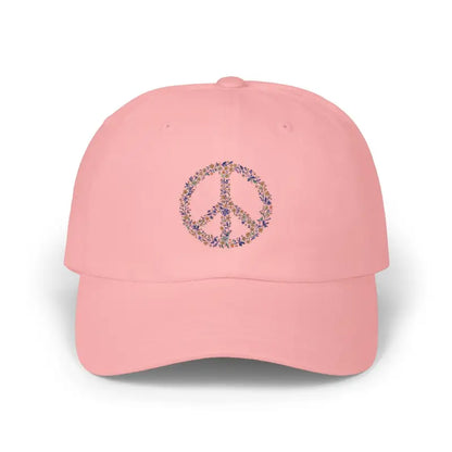 Pink baseball cap featuring floral peace sign design from Floral Peace Sign Baseball Caps collection