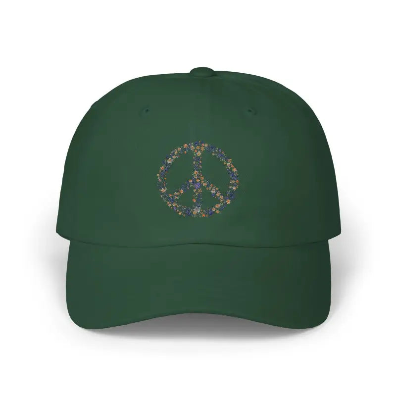 Green baseball cap featuring a floral peace sign design from Floral Peace Sign Baseball Caps collection