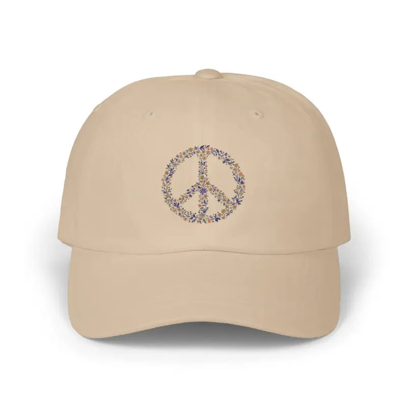 Beige baseball cap with floral peace sign design from Floral Peace Sign Baseball Caps collection