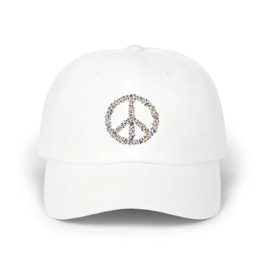 White baseball cap featuring a floral peace sign design from Floral Peace Sign Baseball Caps