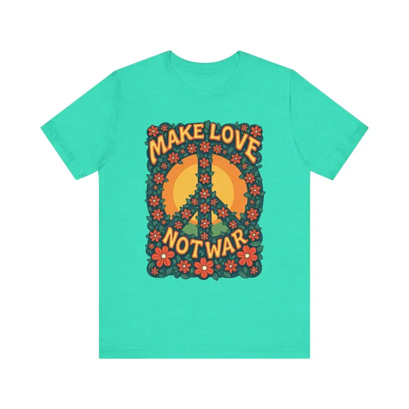 Teal Retro Peace Sign T-Shirt with Floral Design for Casual and Activist Wear