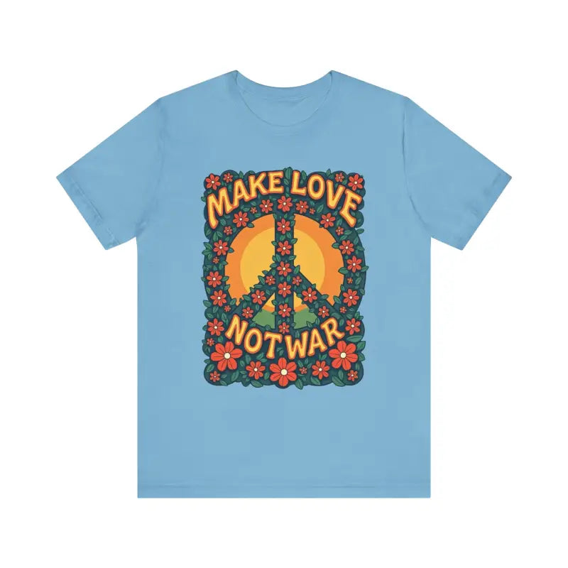 Light blue Retro Peace Sign T-Shirt for casual and activist wear displayed on a model