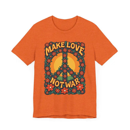 Orange Retro Peace Sign T-Shirt for casual and activist wear displayed on a hanger