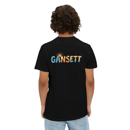 Black Gansett Beach Vibes Pocket T Shirt featuring a vibrant graphic design