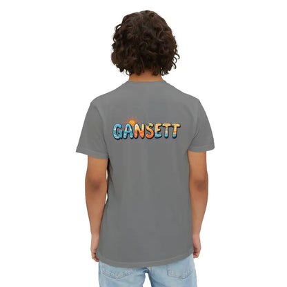 Gray Gansett Beach Vibes Pocket T Shirt featuring stylish text design