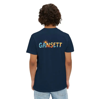 Navy blue Gansett Beach Vibes Pocket T Shirt displayed on a neutral background
