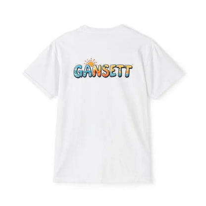 White Gansett Beach Vibes Pocket T Shirt featuring a vibrant graphic design