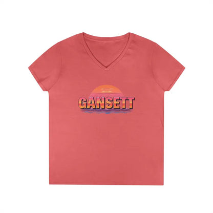 Salmon-colored V-neck t-shirt from Gansett Design Retro Sunrise collection for women