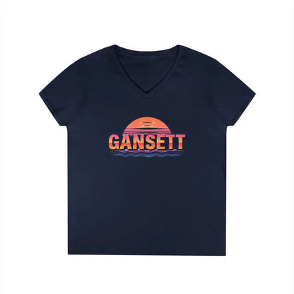 Navy blue v-neck t-shirt from Gansett Design Retro Sunrise for women