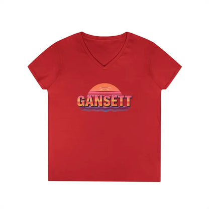 Red v-neck t-shirt from Gansett Design Retro Sunrise collection for women