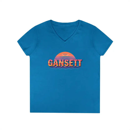 Blue v-neck t-shirt from Gansett Design Retro Sunrise for Women, stylish and comfortable