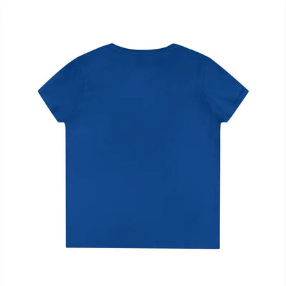 Blue women’s Gansett Design Retro Sunrise V Neck T-Shirt displayed on a neutral background