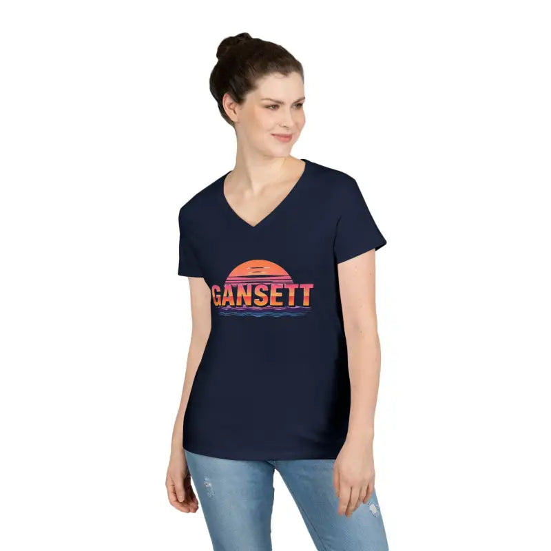 Navy v-neck t-shirt from Gansett Design featuring a retro sunrise for women