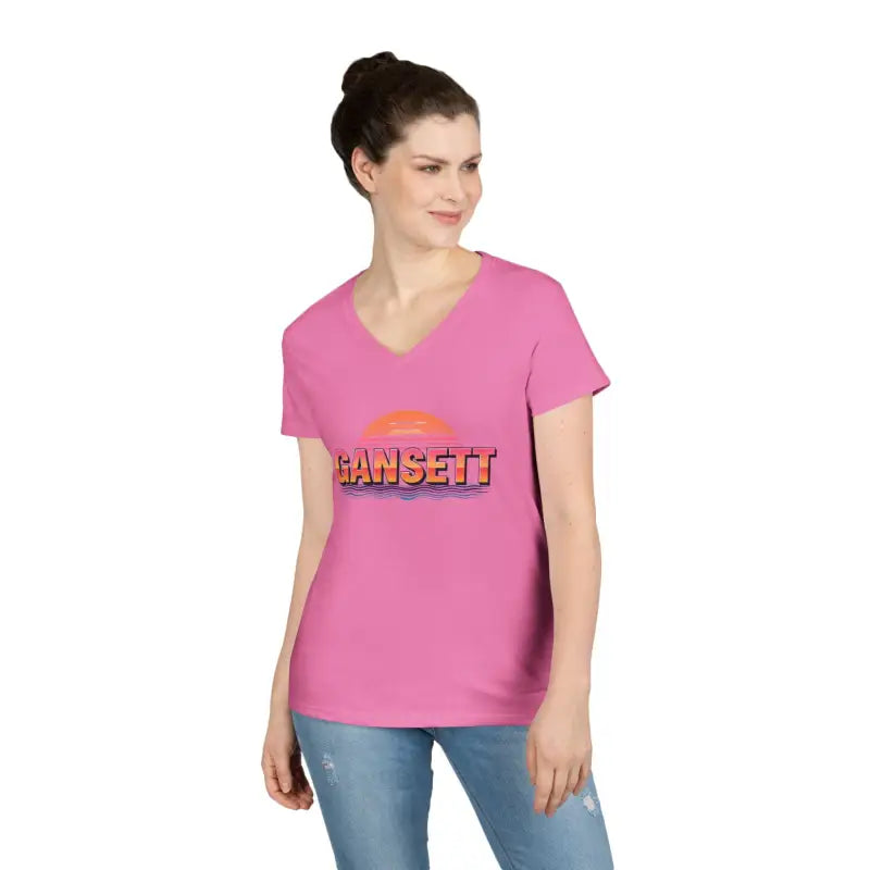 Pink V-neck T-shirt from Gansett Design Retro Sunrise collection for women