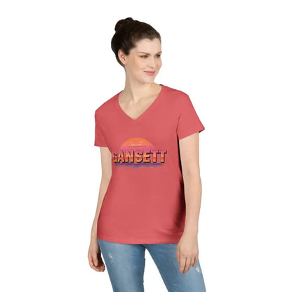 Red v-neck t-shirt from Gansett Design Retro Sunrise collection for women
