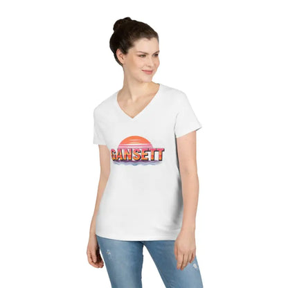 White V-neck t-shirt from Gansett Design Retro Sunrise collection for women