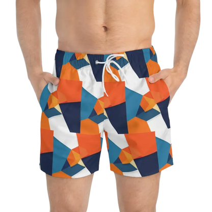 Geometric patterned swim trunks for stylish summer beach activities