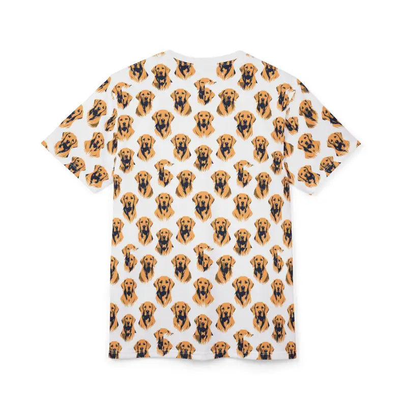 White t-shirt featuring a playful dog pattern for Golden Retriever lovers