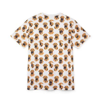 White t-shirt featuring a playful dog pattern for Golden Retriever lovers