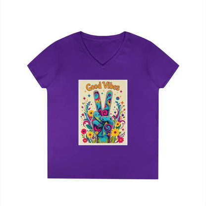 Purple V-neck t-shirt from Good Vibes with Peace and Positivity graphic design