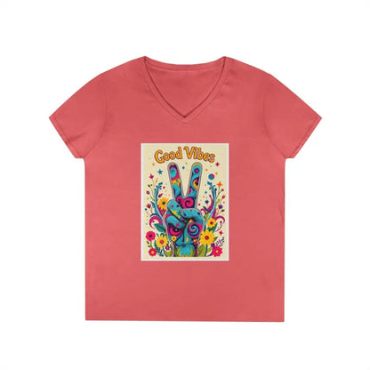 Salmon-colored V-neck t-shirt featuring Good Vibes graphic for a positive style