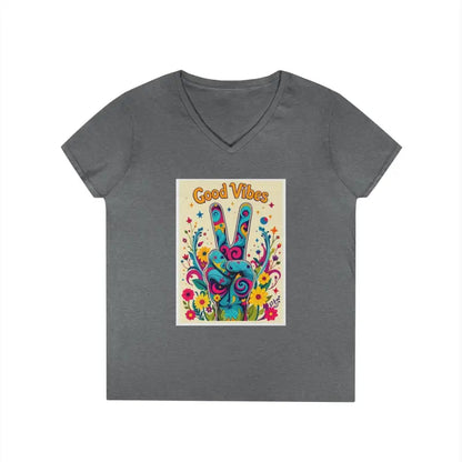 Gray V-neck T-shirt featuring a colorful peace sign graphic for positivity