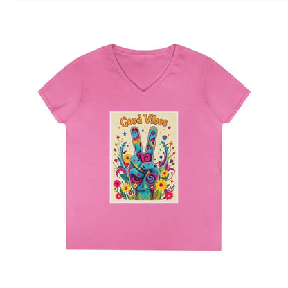 Pink V-neck T-shirt featuring Good Vibes peace sign graphic for positive style