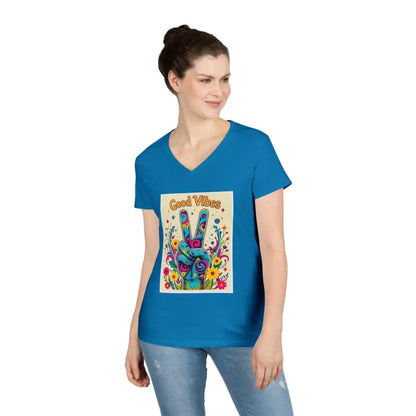 Woman’s blue v-neck t-shirt featuring Peace And Positivity graphic design