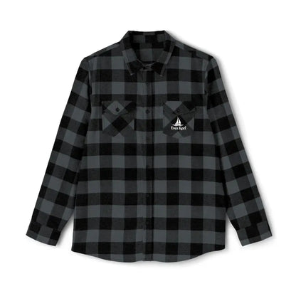 Gray and black plaid flannel shirt featuring a classic design and comfortable fabric