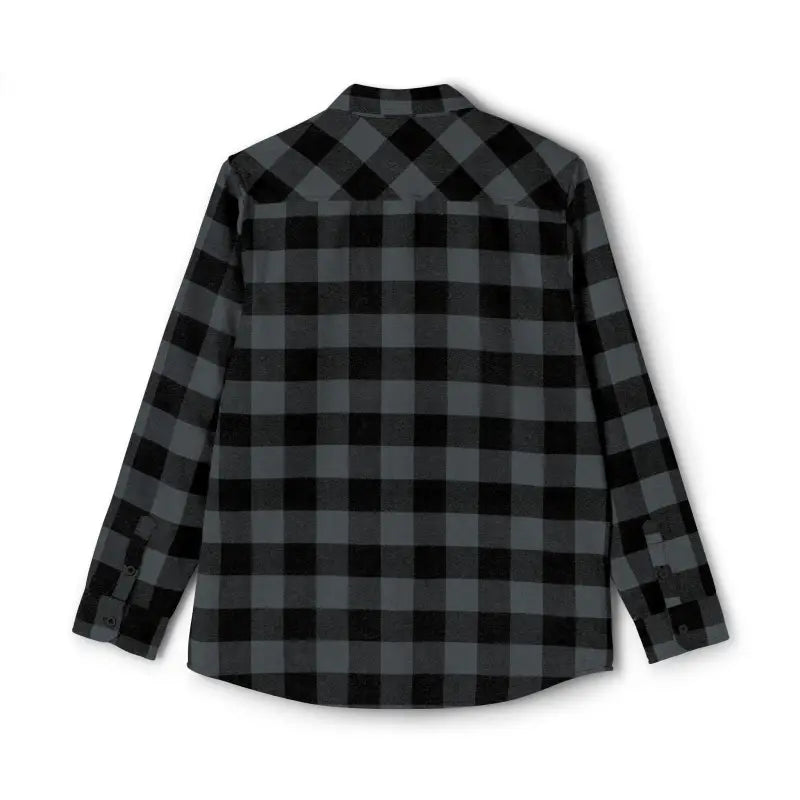 Gray and black checkered long-sleeved flannel shirt for men displayed elegantly